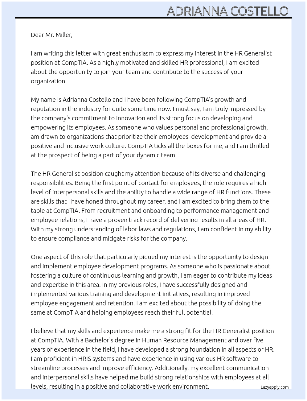 HR Generalist  At CompTIA Cover Letter