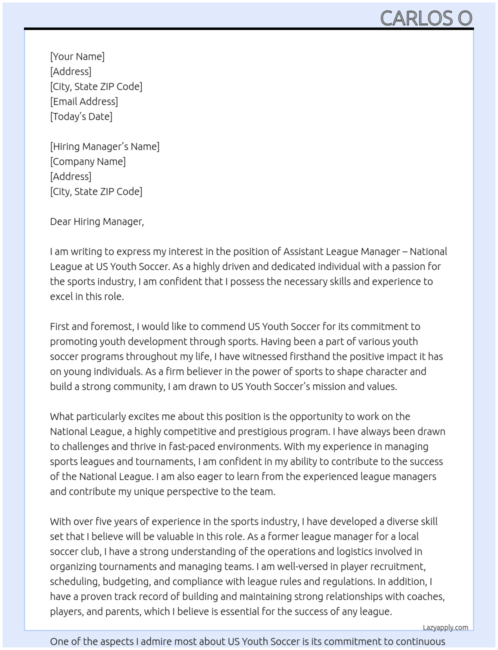 Assistant League Manager – National League At US Youth Soccer Cover Letter