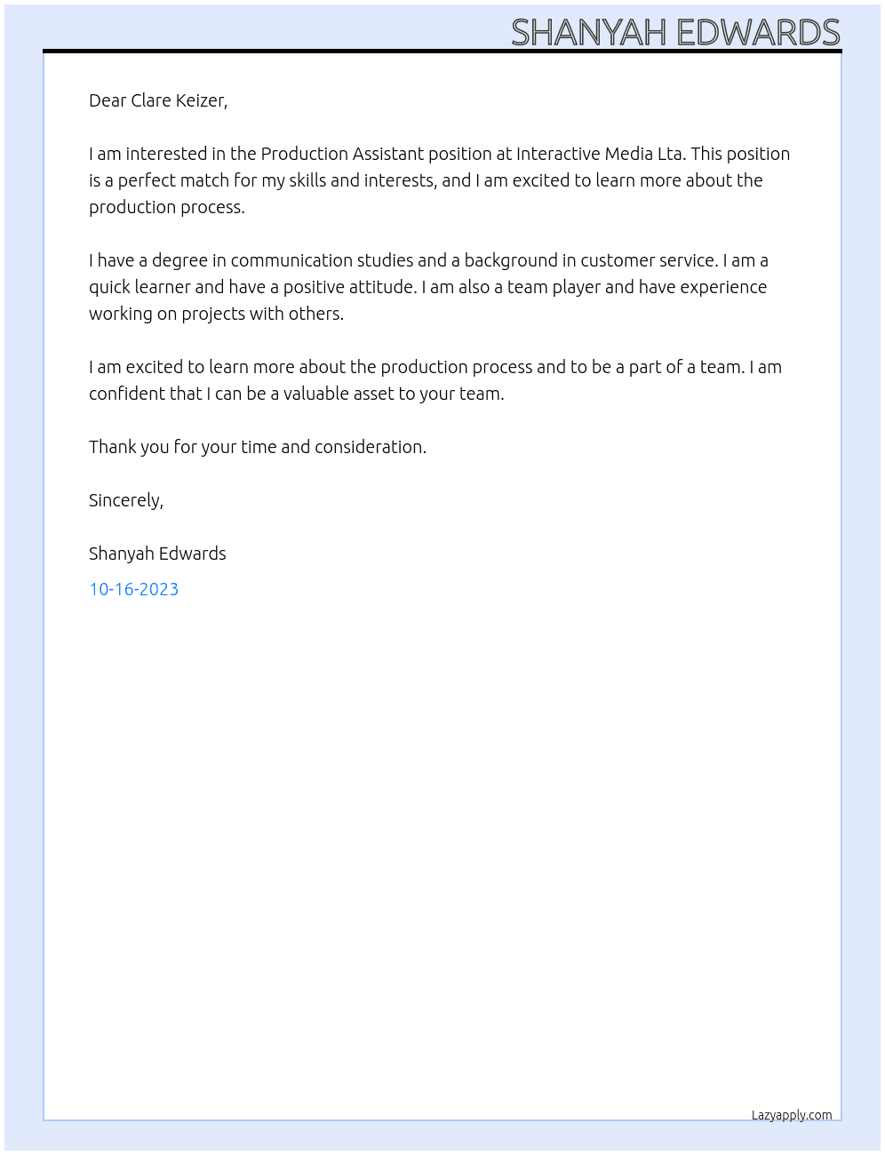 Production Assistant At Interactive Media Lta, Searchlight Cover Letter