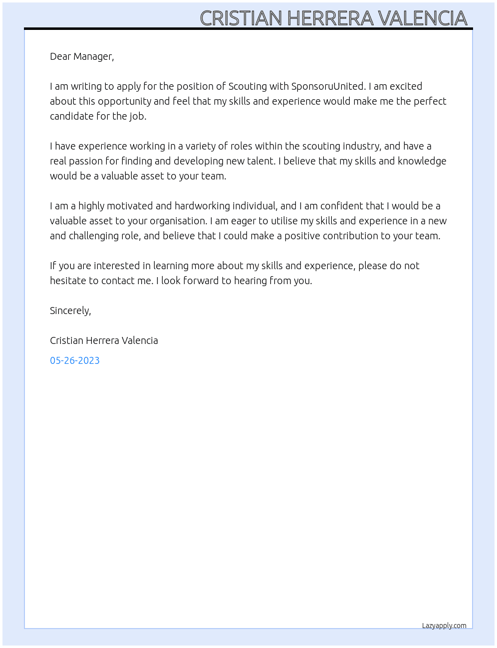 Scouting  At SponsoruUnited Cover Letter
