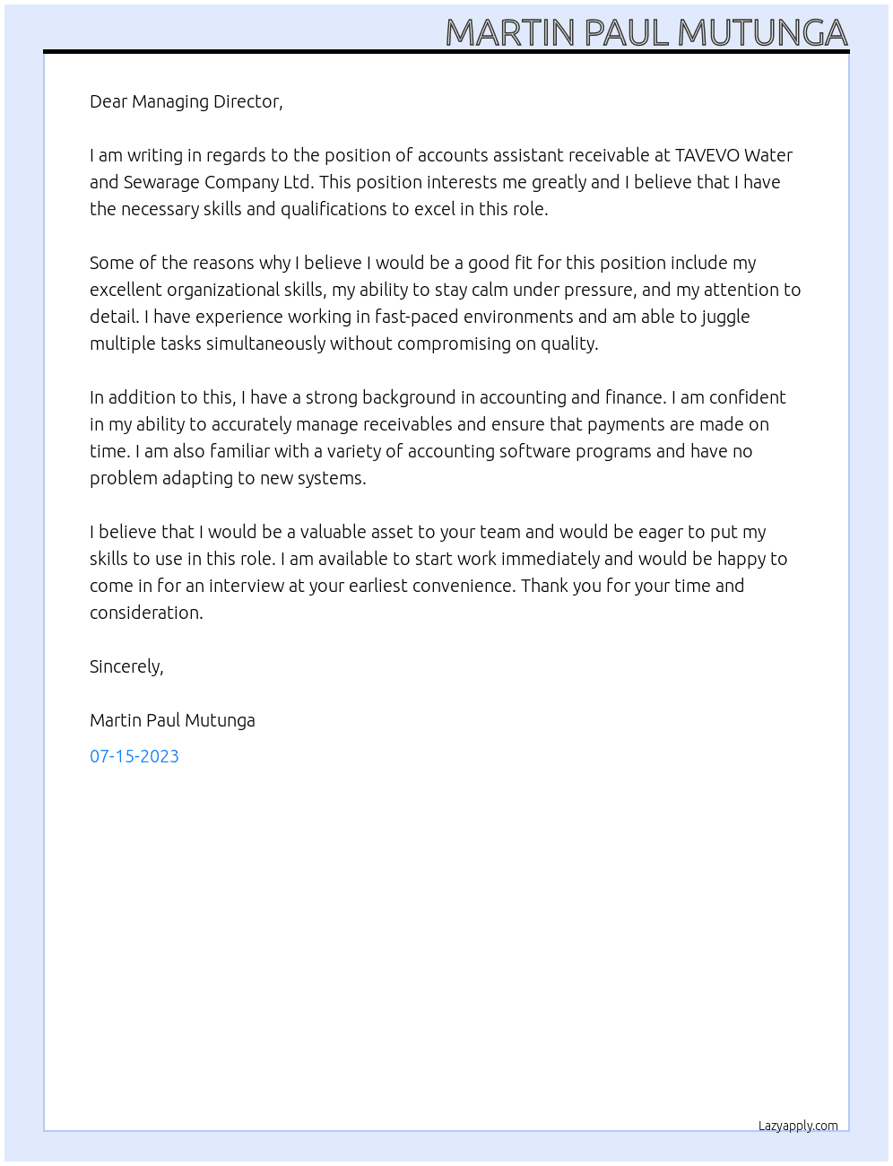 accounts assistant receivable At TAVEVO Water and Sewarage Company Ltd Cover Letter
