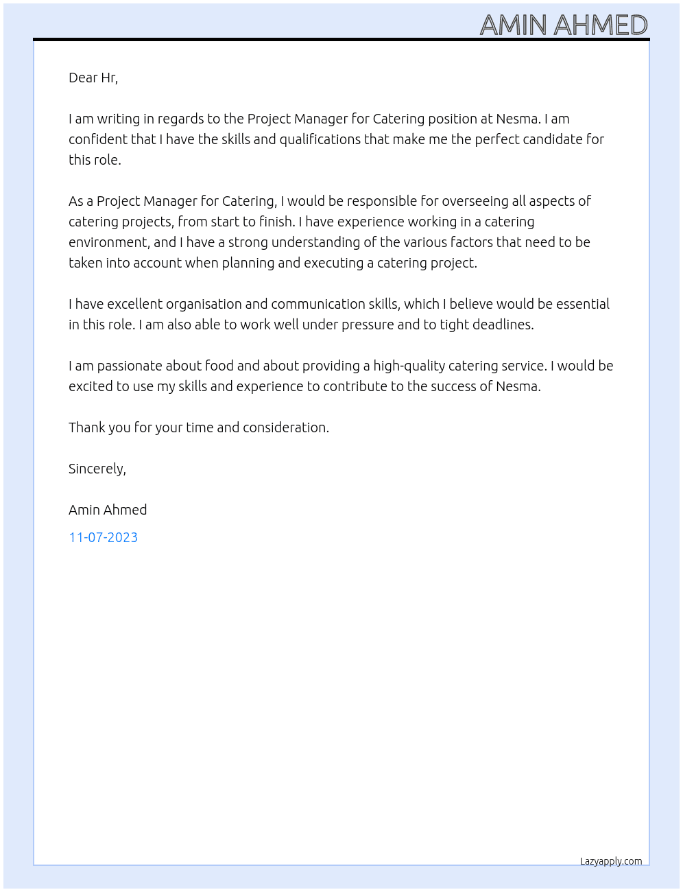 Project Manager for Catering  At Nesma Cover Letter