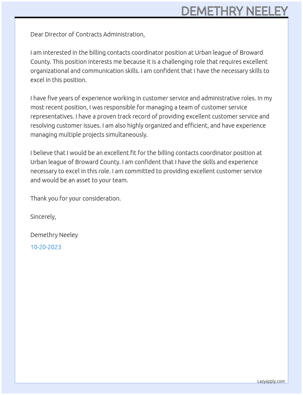 Billing contacts coordinator At Urban league of Broward County  Cover Letter