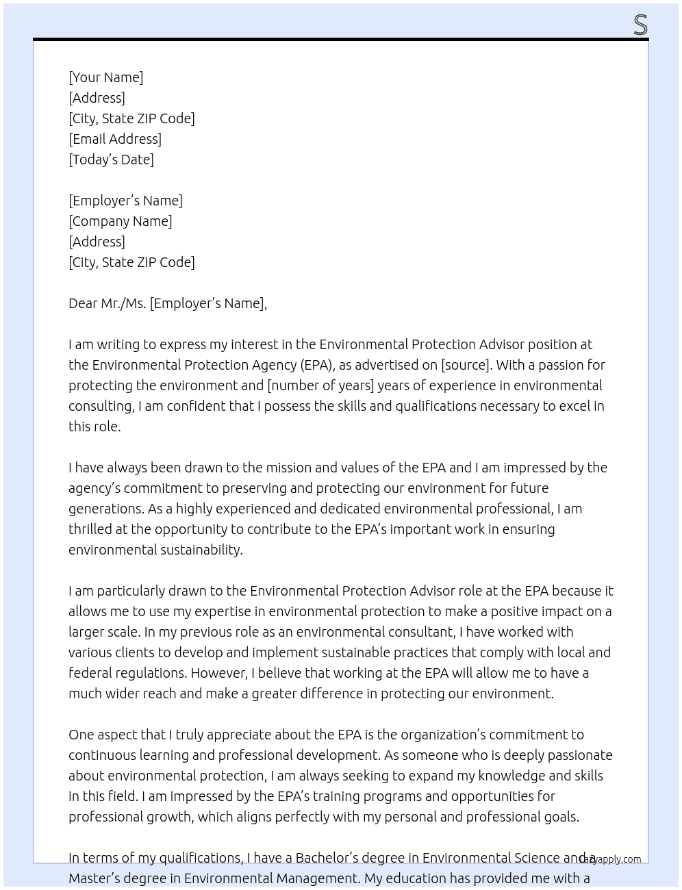Environmental protection advisor At EPA Cover Letter