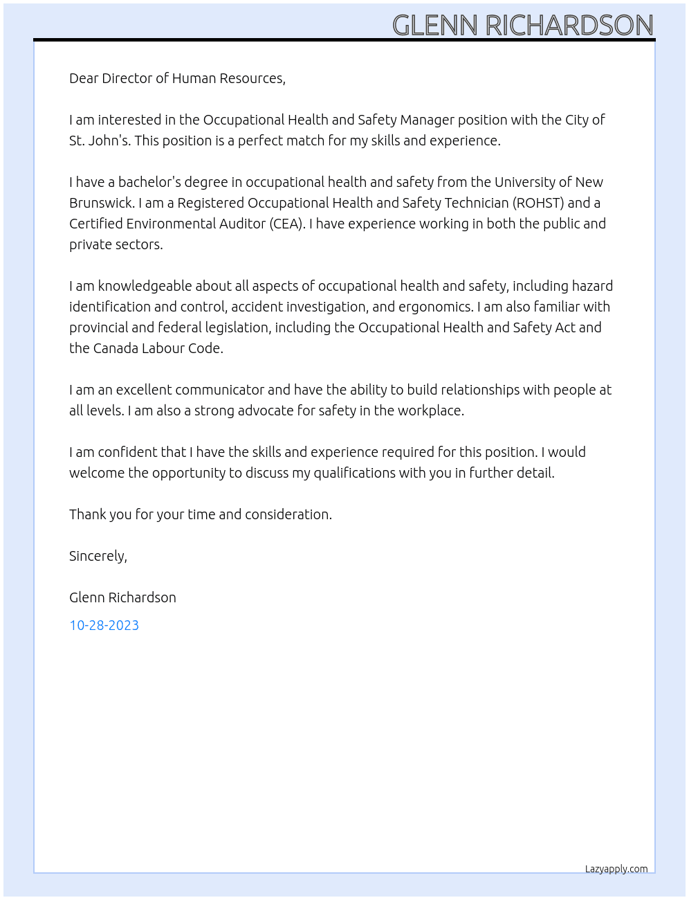 Occupational Health and Safety Manager At City of St. John's Cover Letter
