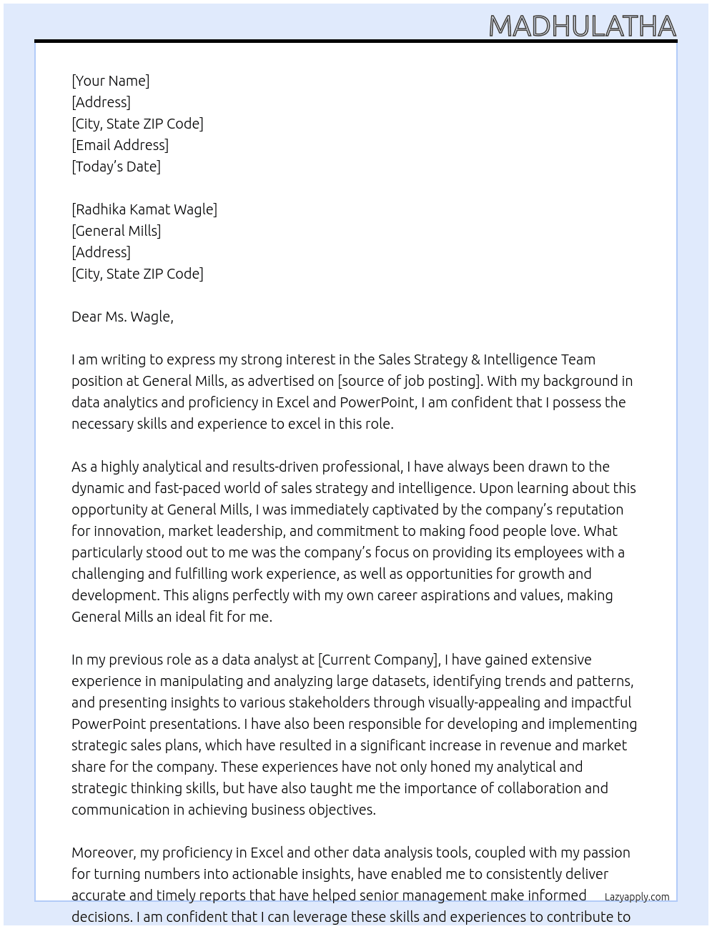 Sales Strategy & Intelligence Team At general mills Cover Letter