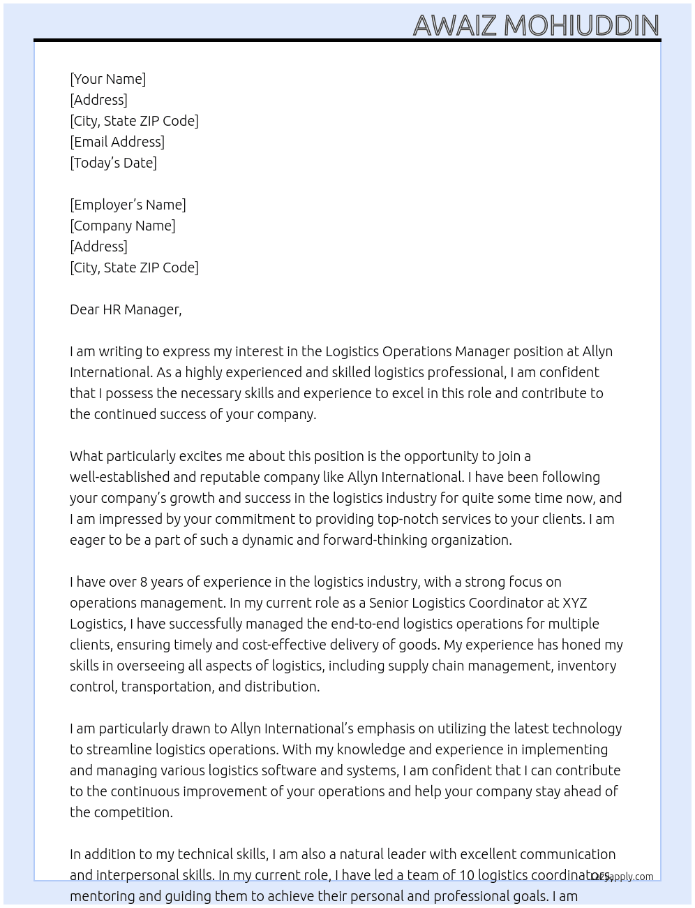 logistics operations manager At Allyn International Cover Letter