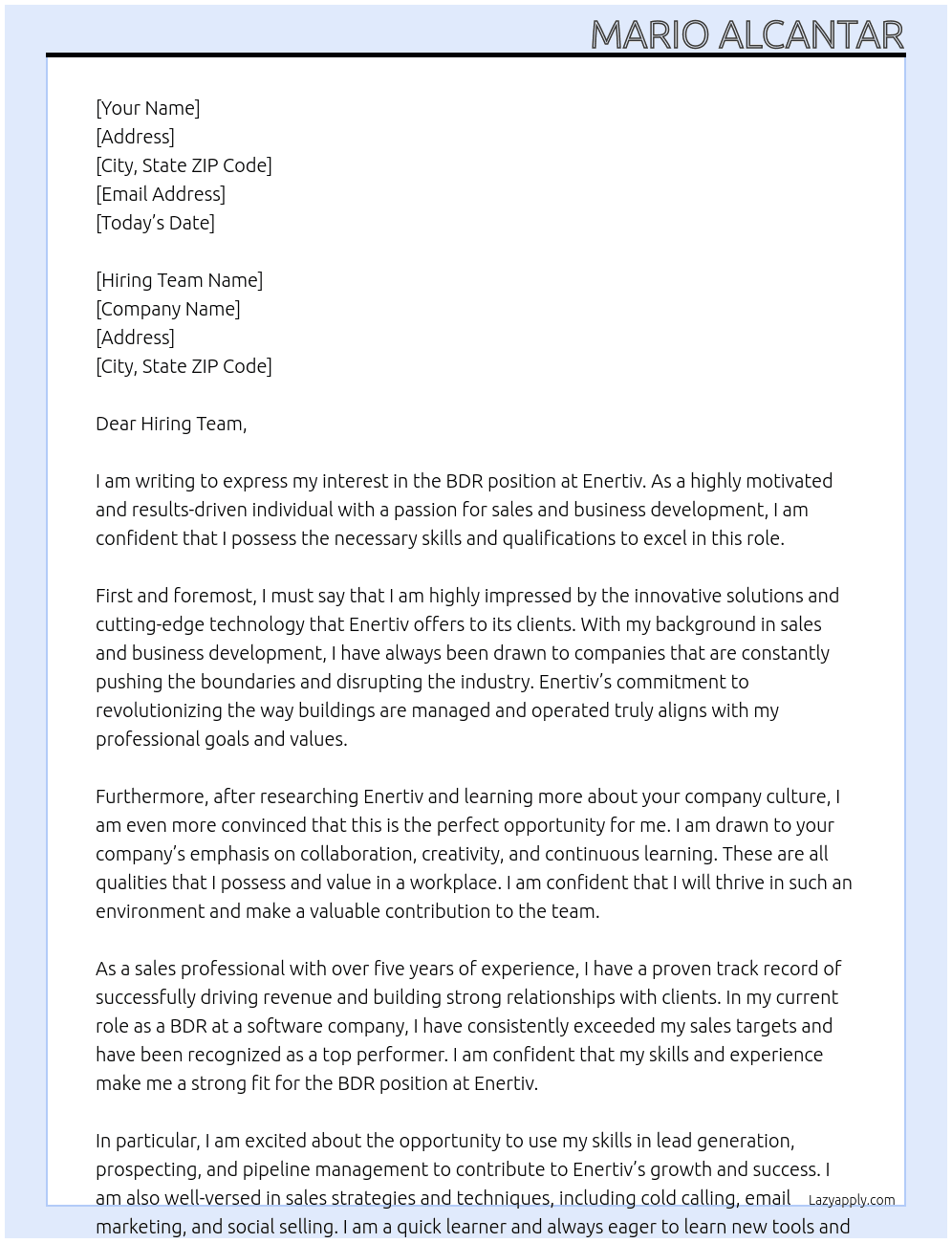 BDR At Enertiv Cover Letter