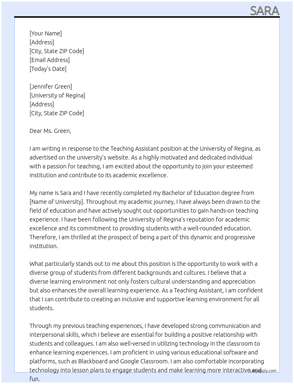Teaching Assistant  At University of Regina  Cover Letter