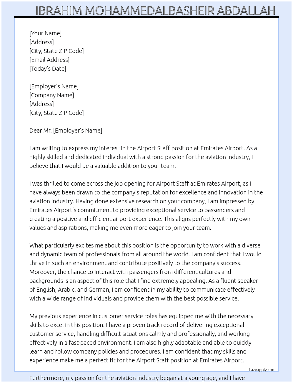 Airport sttaf  At Emirates Airport  Cover Letter