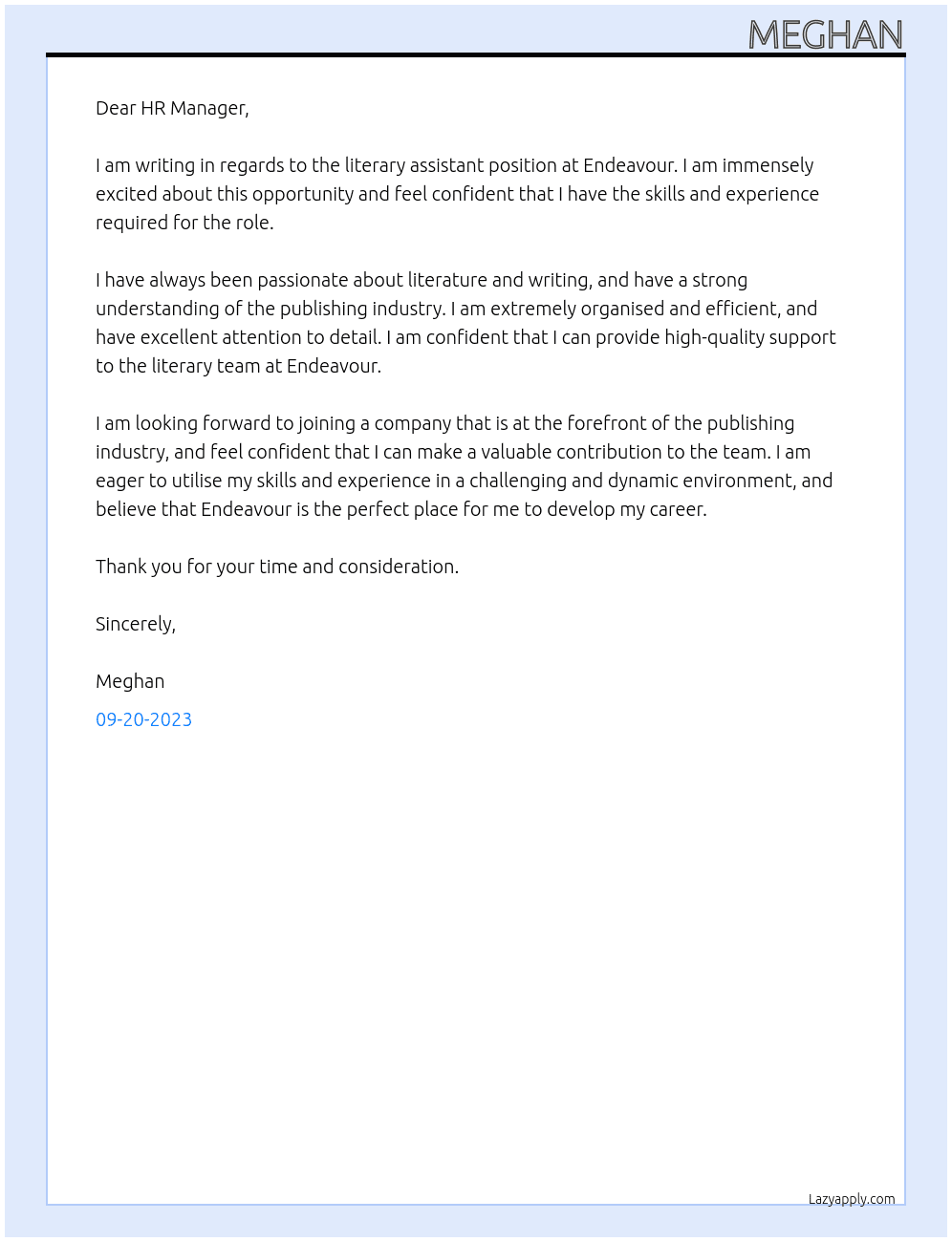literary assistant At endeavour Cover Letter