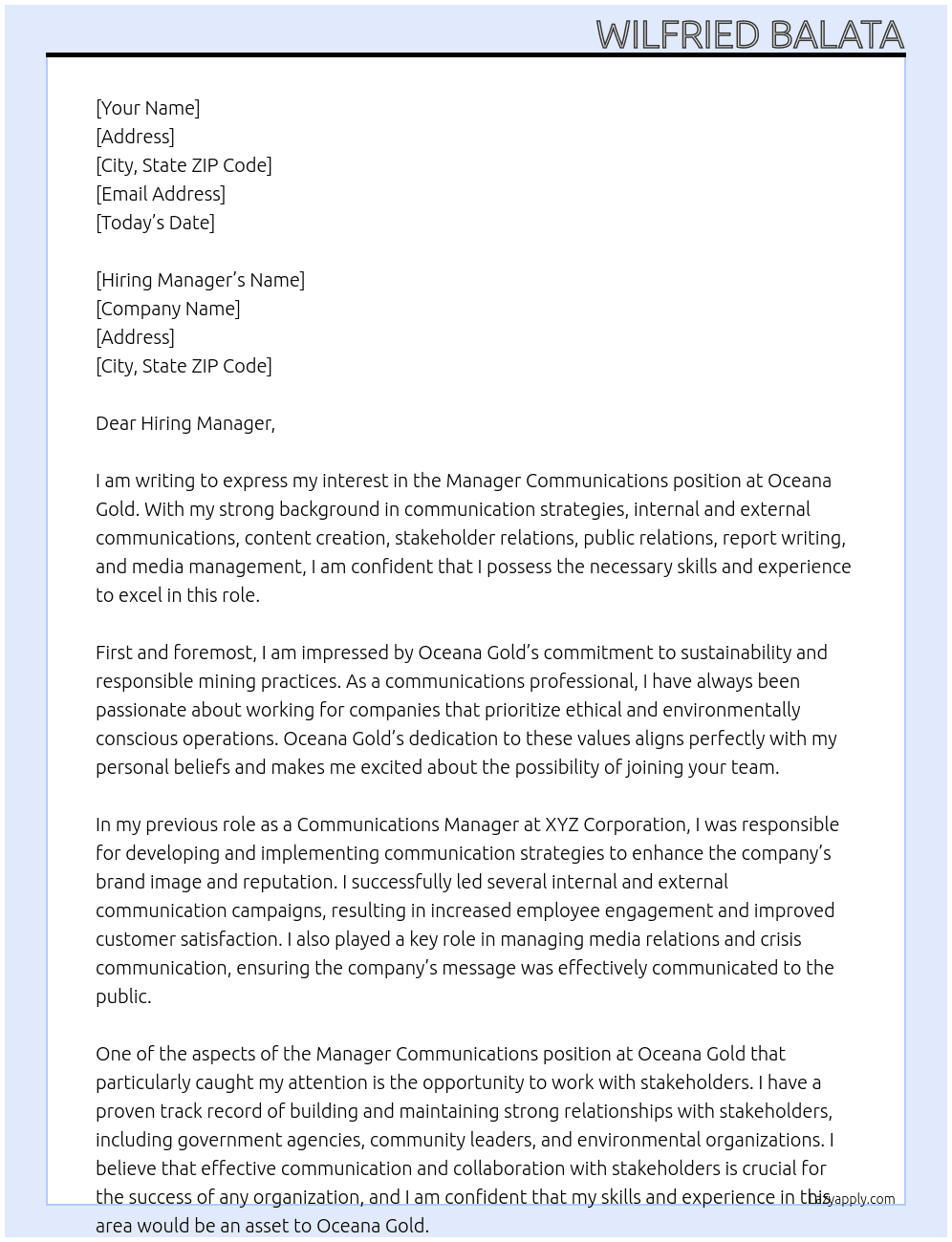 Manager Communications At Oceana Gold Cover Letter