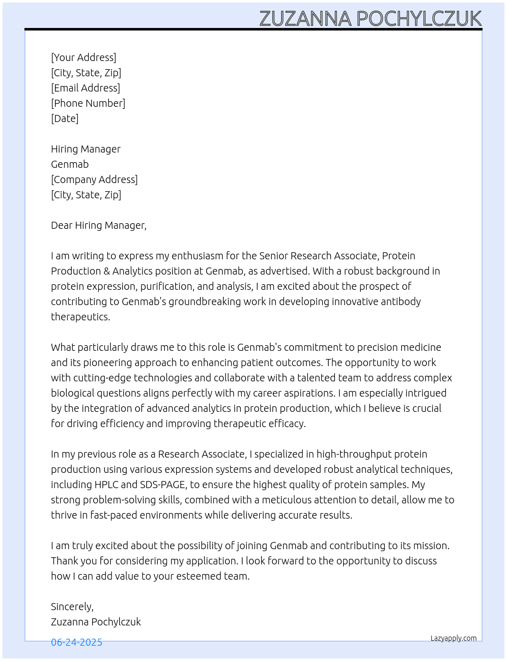 Senior Research Associate, Protein Production & ​Analytics  At Genmab Cover Letter