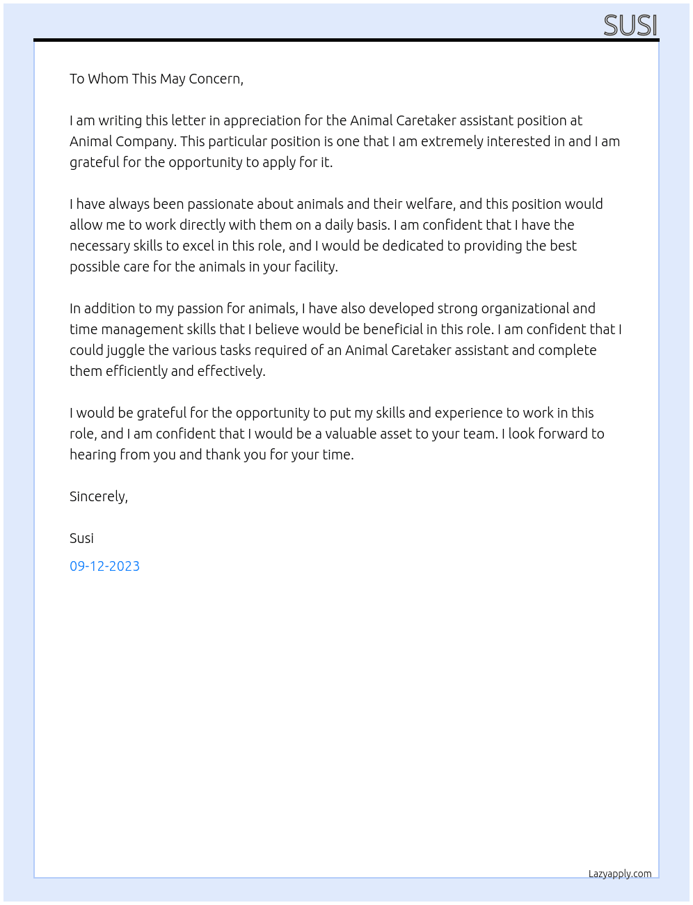 Animal Caretaker assistant  At Animal Company  Cover Letter