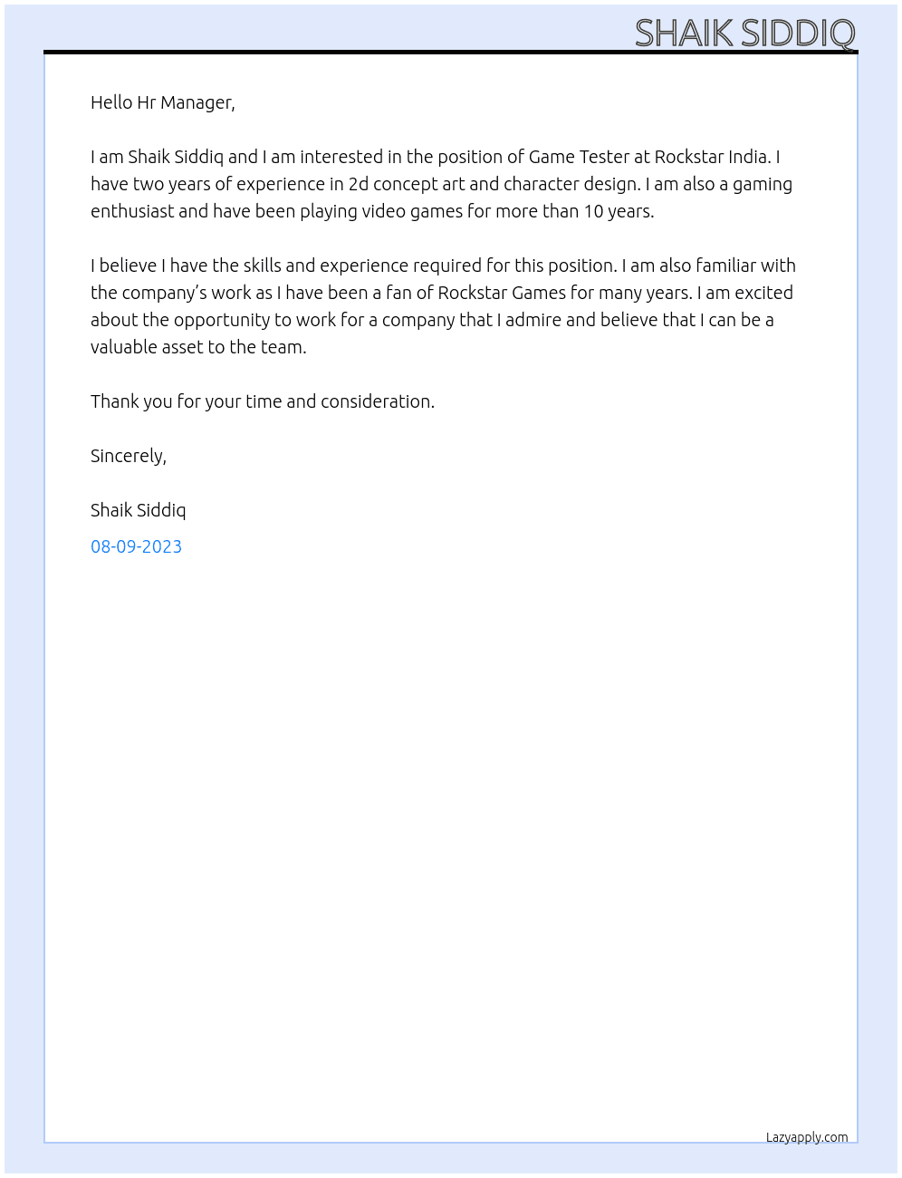 Game Tester At Rockstar India Cover Letter