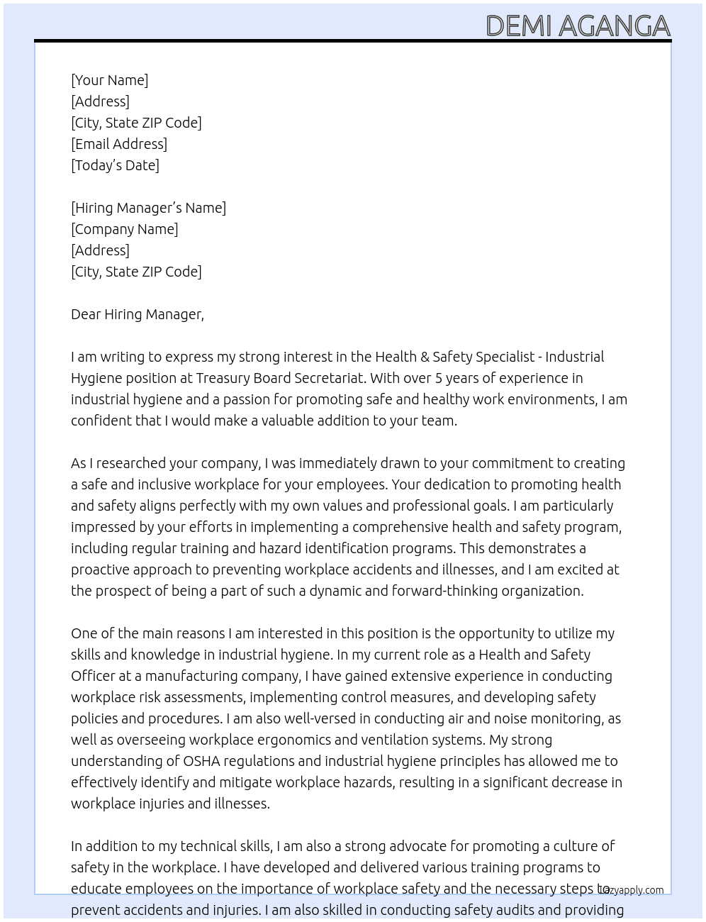 Health & Safety Specialist - Industrial Hygiene At Treasury Board Secretariat Cover Letter