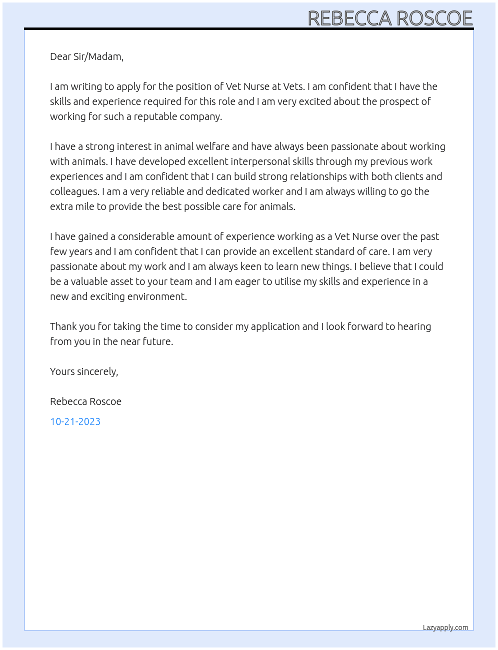 Vet nurse At Vets Cover Letter