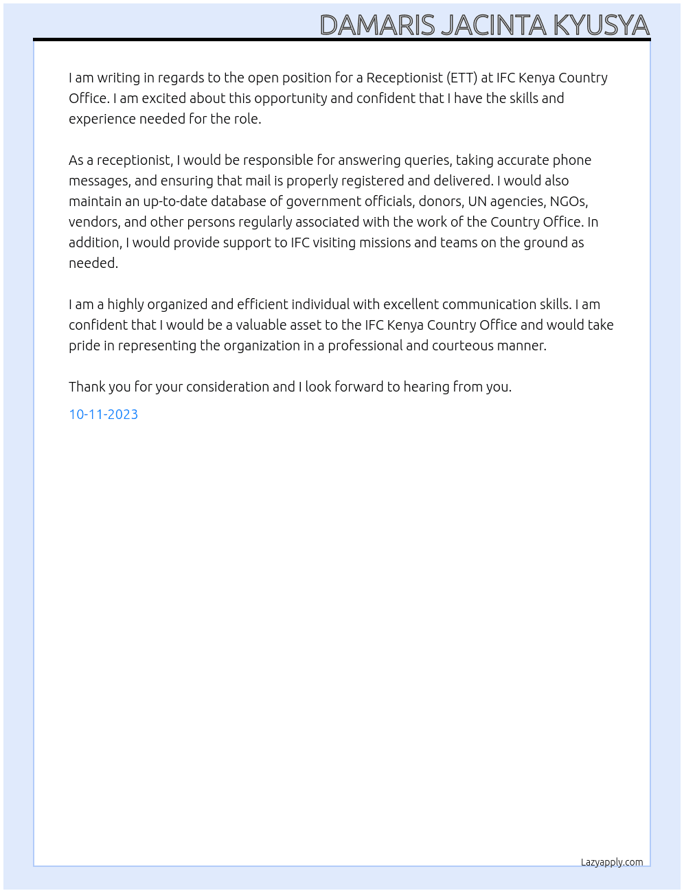 Receptionist (ETT) At IFC KENYA COUNTRY OFFICE Cover Letter