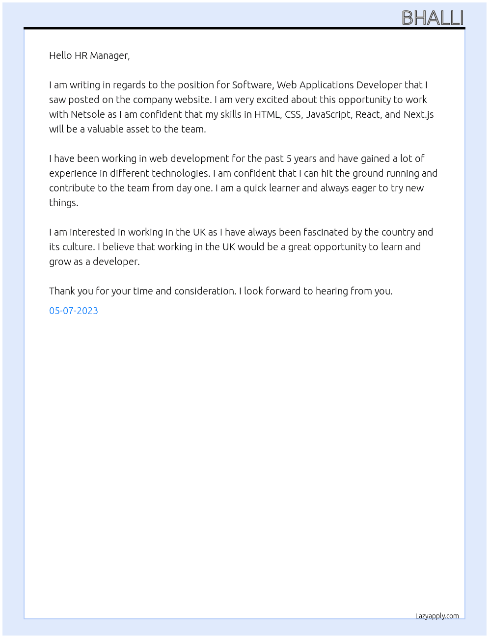 Software, Web Applications Developer At Netsole Cover Letter