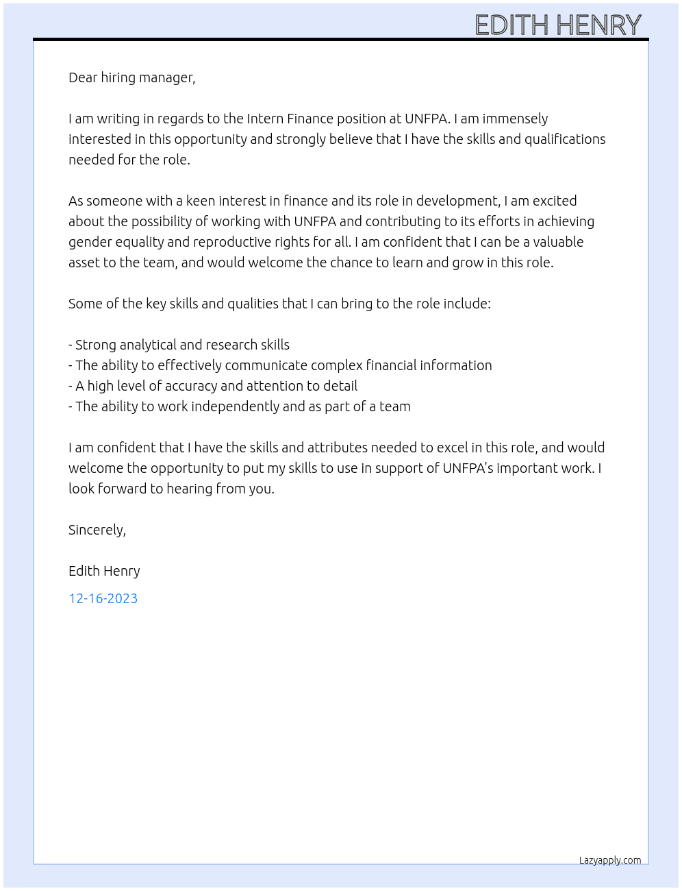 Intern Finance  At UNFPA Cover Letter