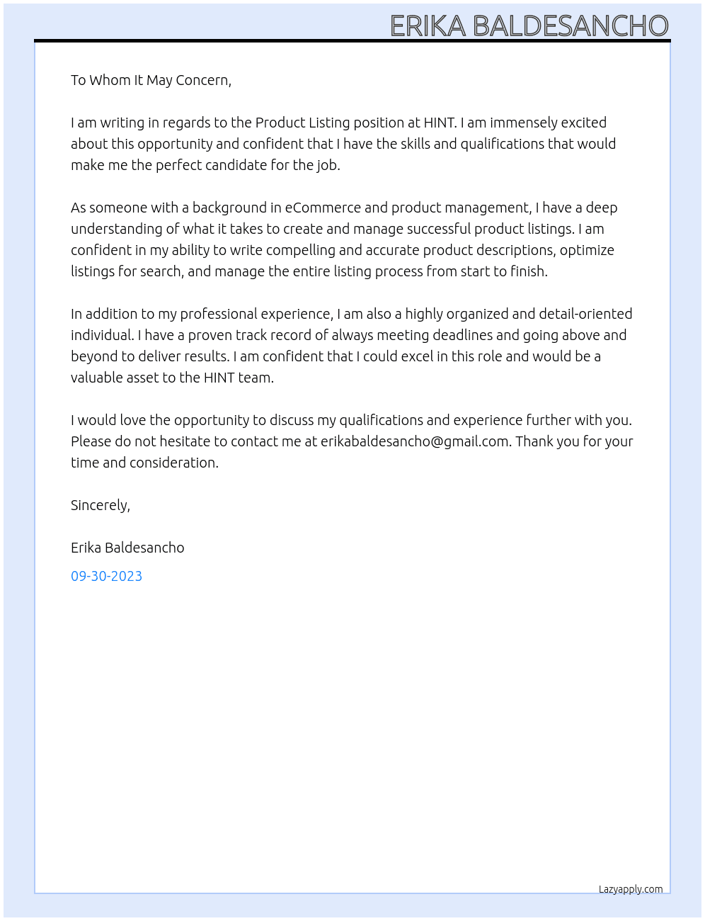 Product Listing At HINT Cover Letter