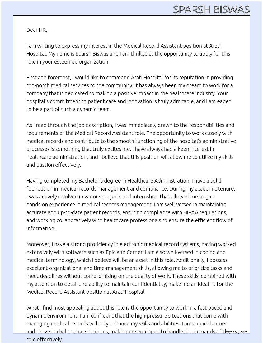 Medical Record Assistant  At Arati Hospital Cover Letter