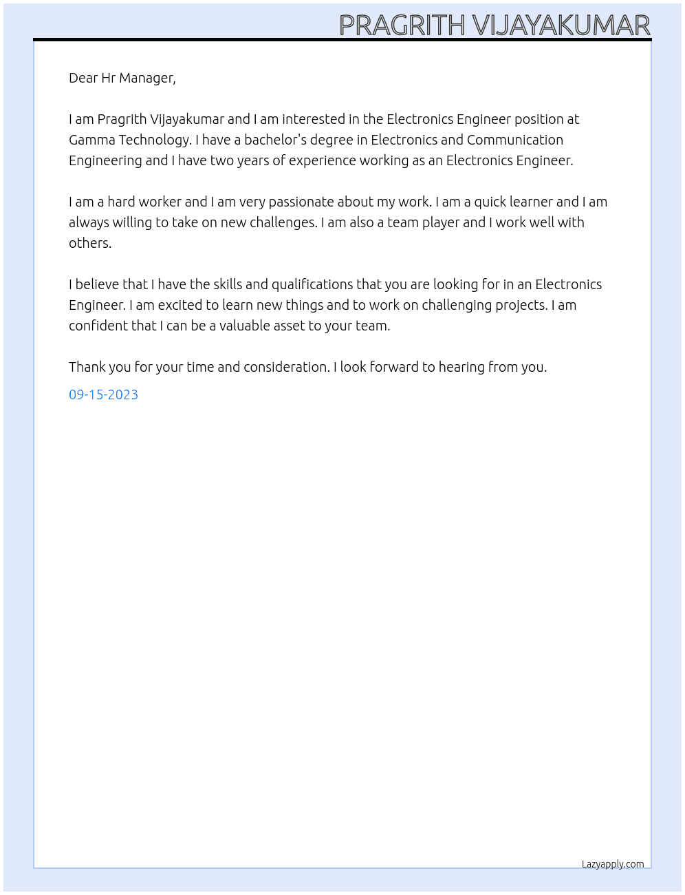 Electronics Engineer At Gamma Technology Cover Letter