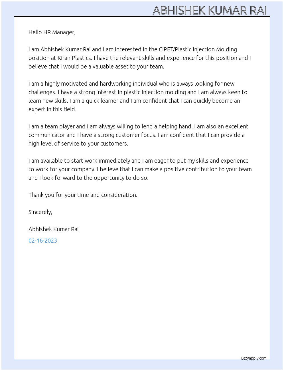 CIPET/Plastic Injection Molding  At Kiran Plastics Cover Letter