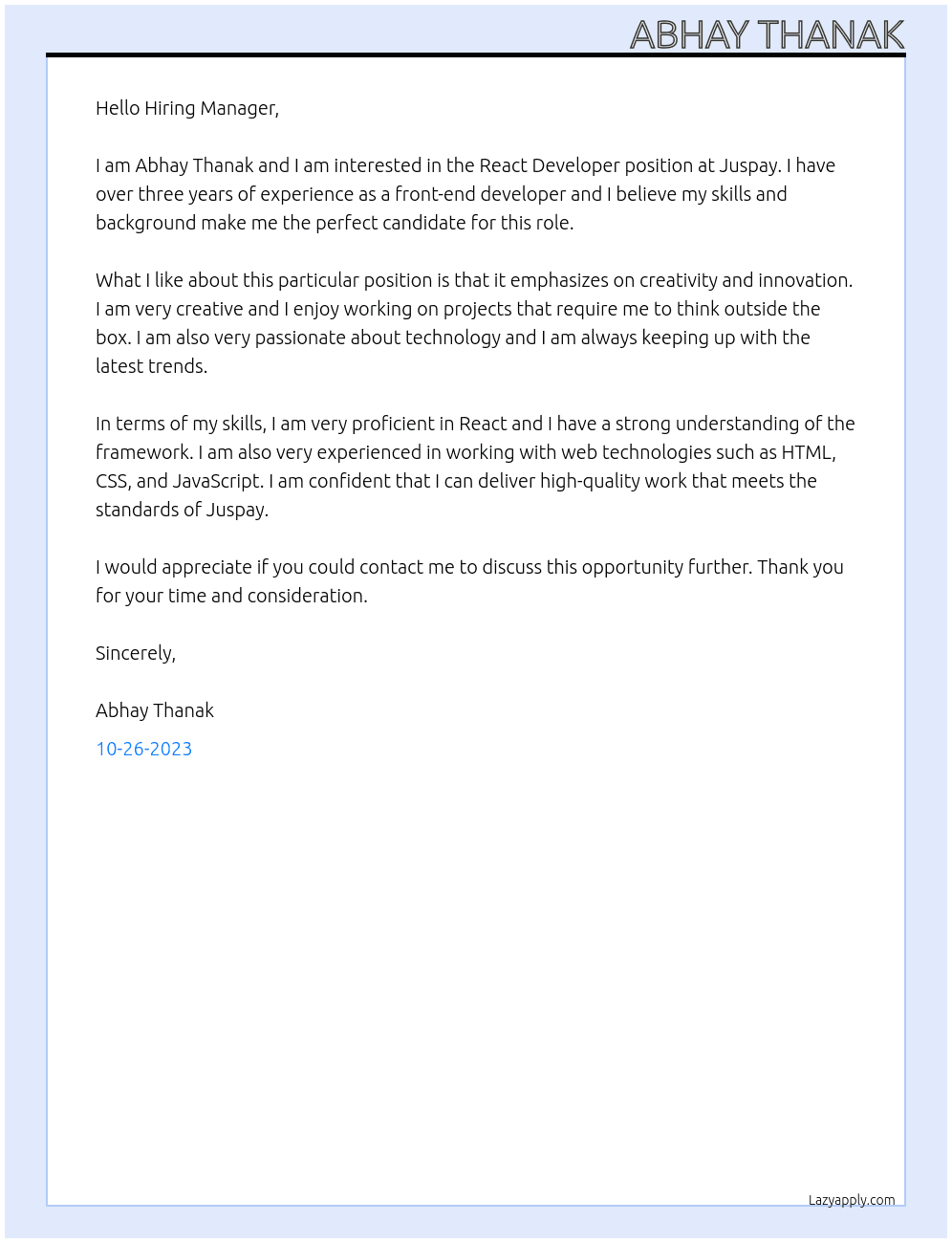 React Developer At Juspay Cover Letter