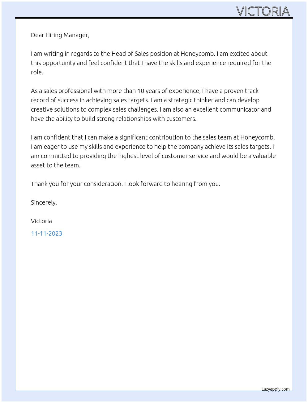 Head of Sales  At Honeycomb Cover Letter