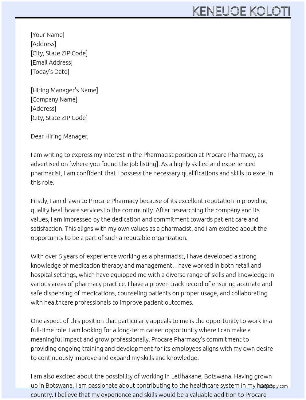 Pharmacist  At Procare pharmacy  Cover Letter