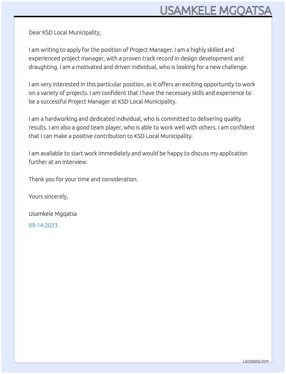 Project Manager At KSD Local Municipality Cover Letter
