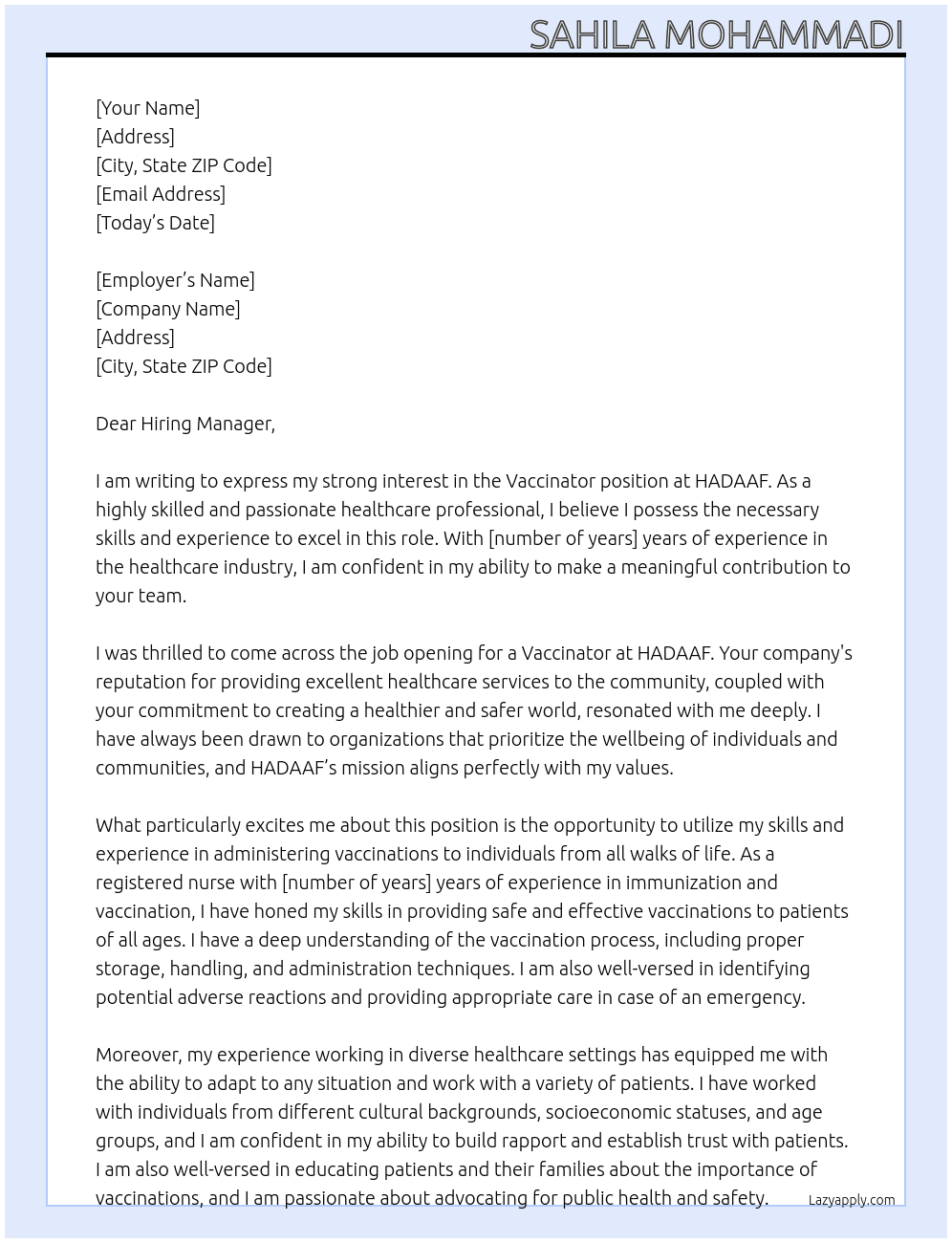 Vaccinator  At HADAAF Cover Letter