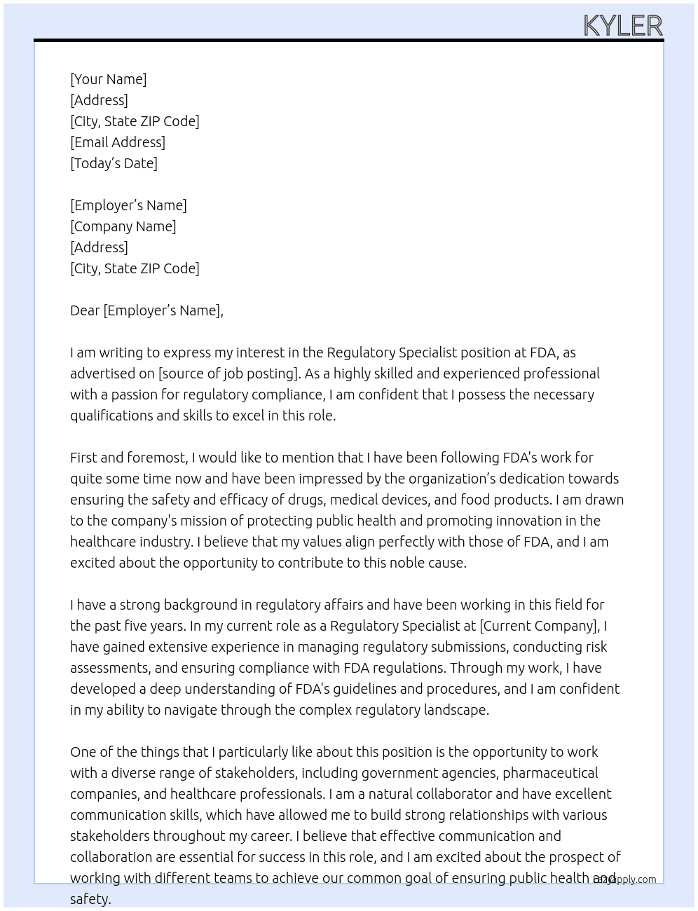 Regulatory Specialist At FDA Cover Letter