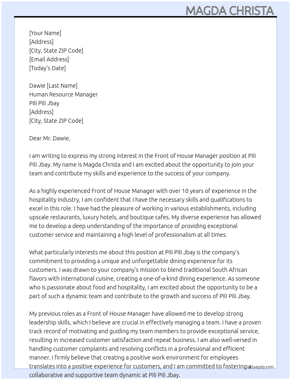 Front of house Manager  At Pili Pili Jbay Cover Letter