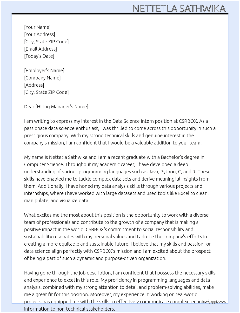 Data science intern At CSRBOX Cover Letter