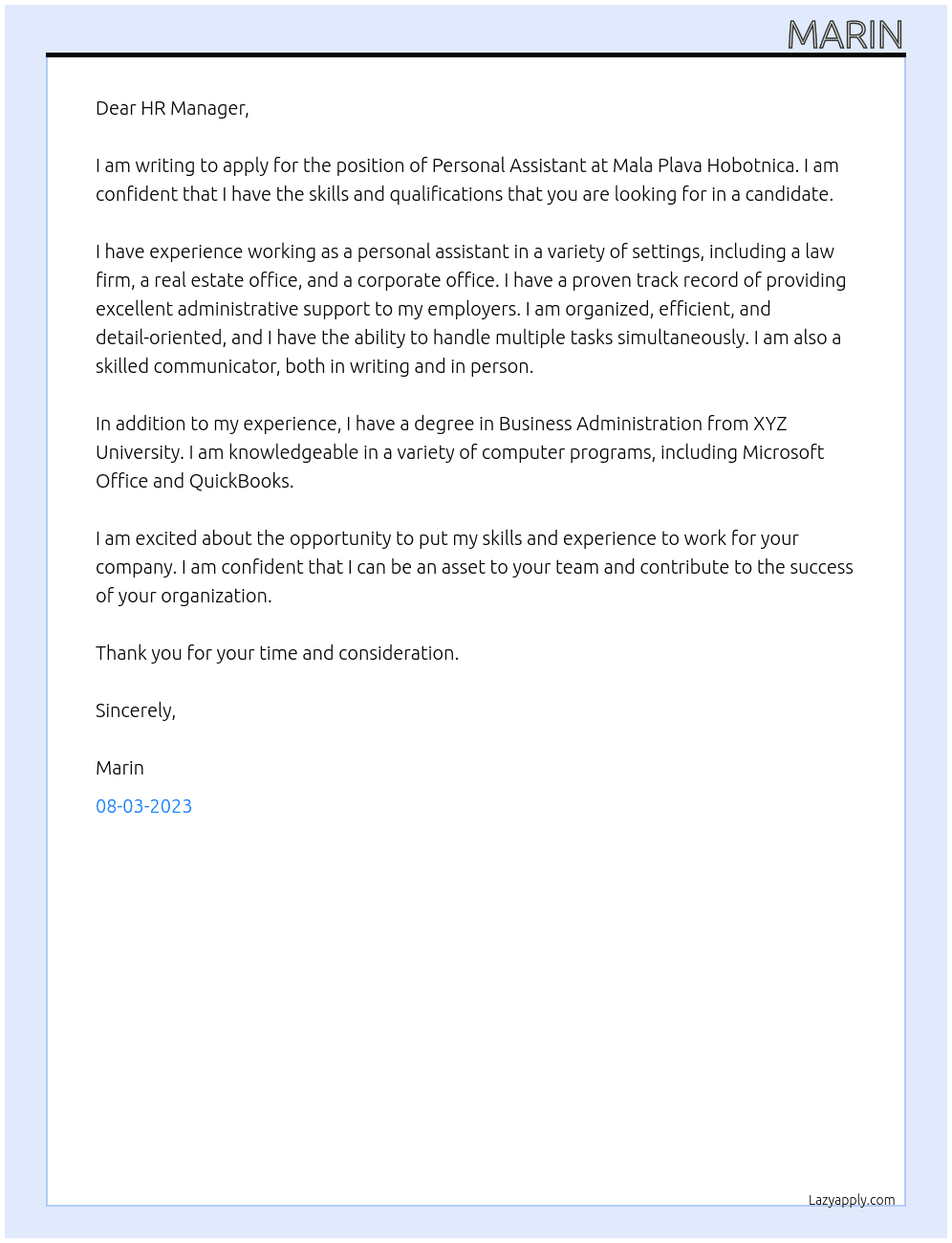 Personal Assistant At Mala Plava Hobotnica Cover Letter