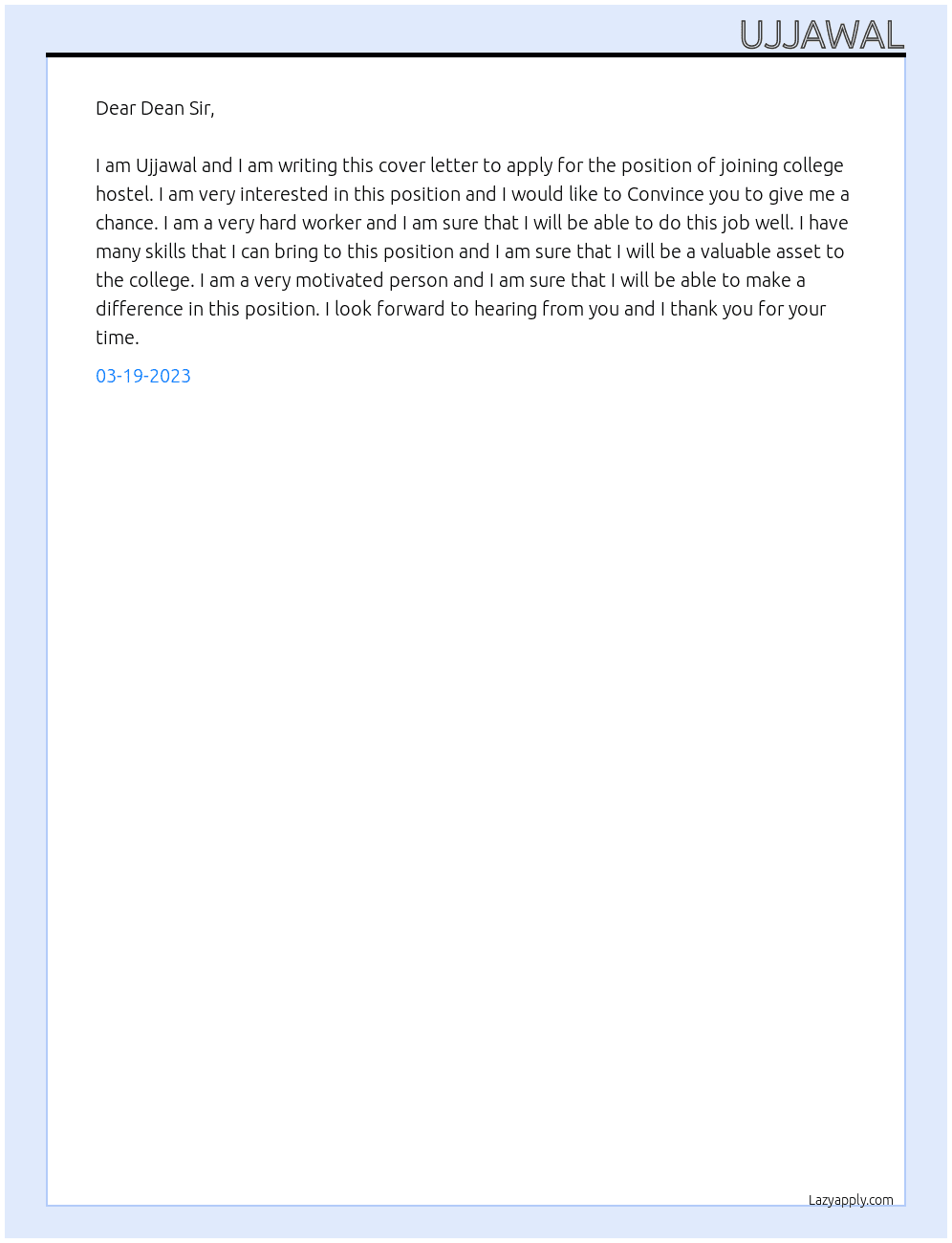 joining college hostel  At its engg. Cover Letter