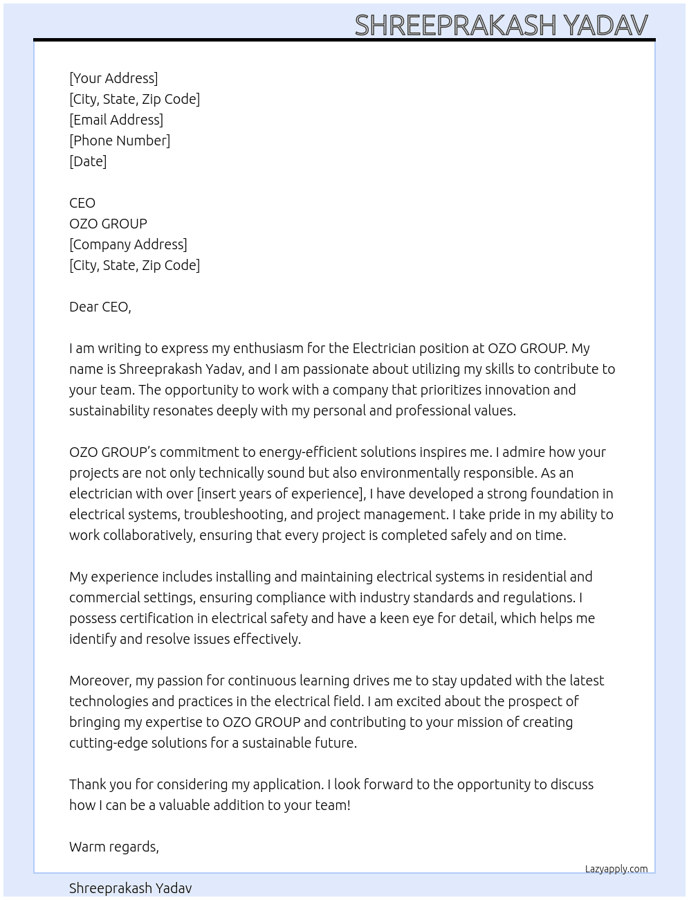 Electrician  At OZO GROUP  Cover Letter