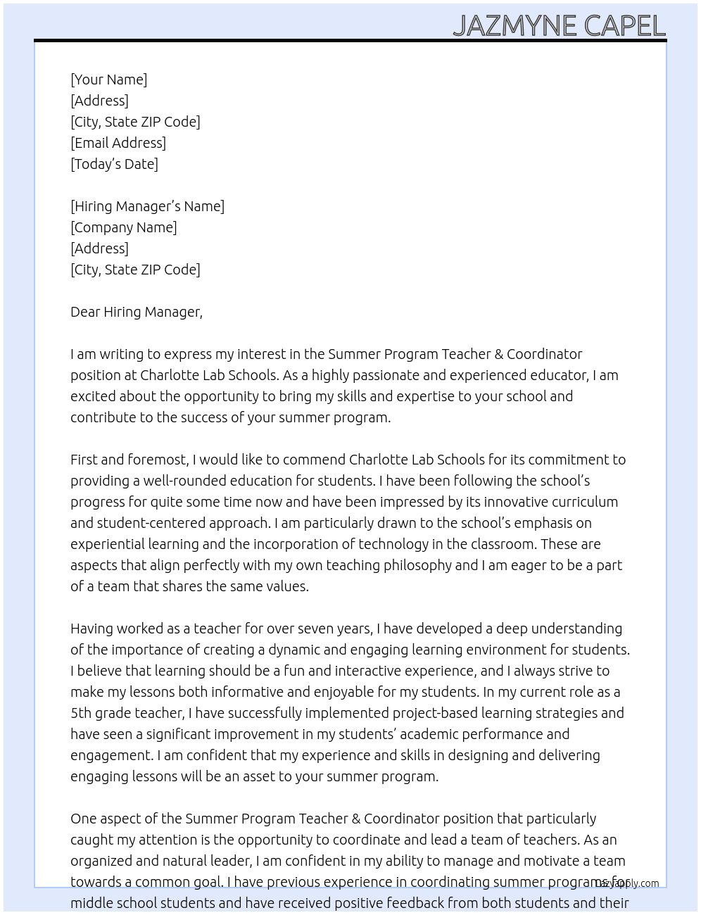 Summer Program Teacher & Coordinator At Charlotte Lab Schools Cover Letter