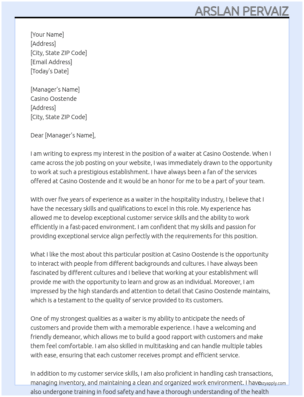 waiter At casino oostende Cover Letter