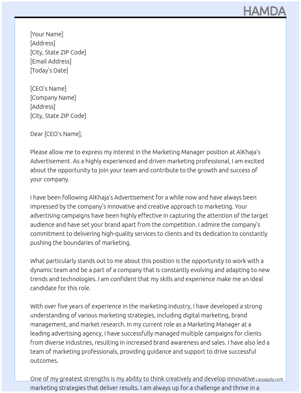 marketing manager At AlKhaja's advertiement. Cover Letter