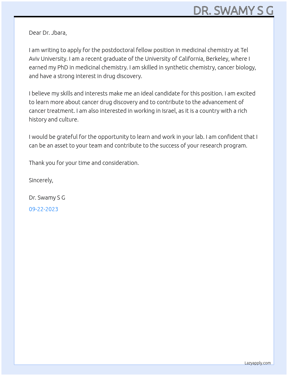 postdoctoral fellow At Tel Aviv University Cover Letter