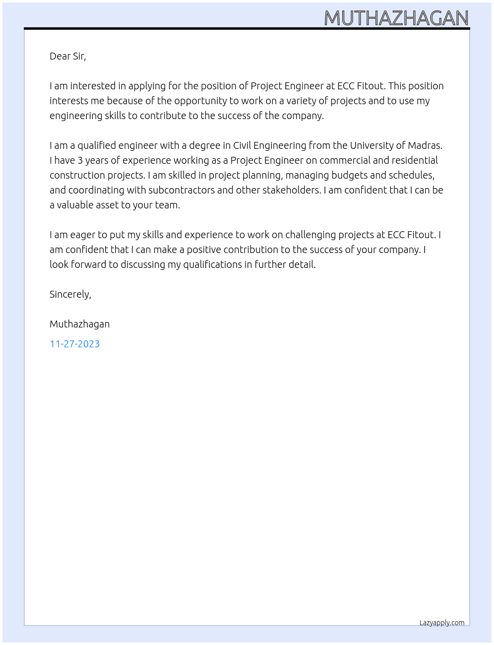Project Engineer  At ECC FITOUT  Cover Letter