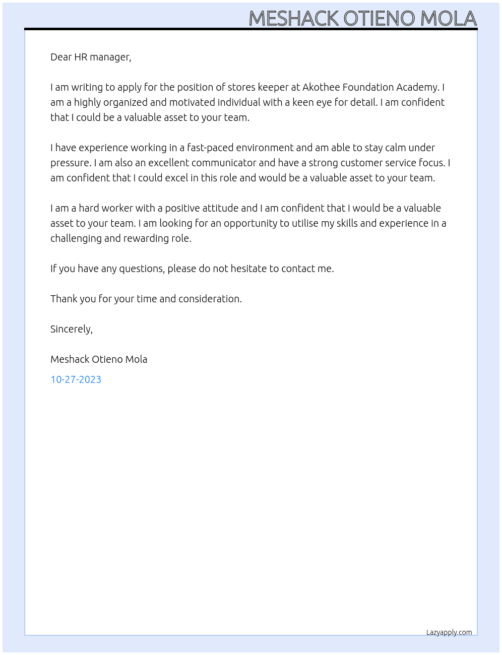 STORES KEEPER At Akothee Foundation Academy Cover Letter