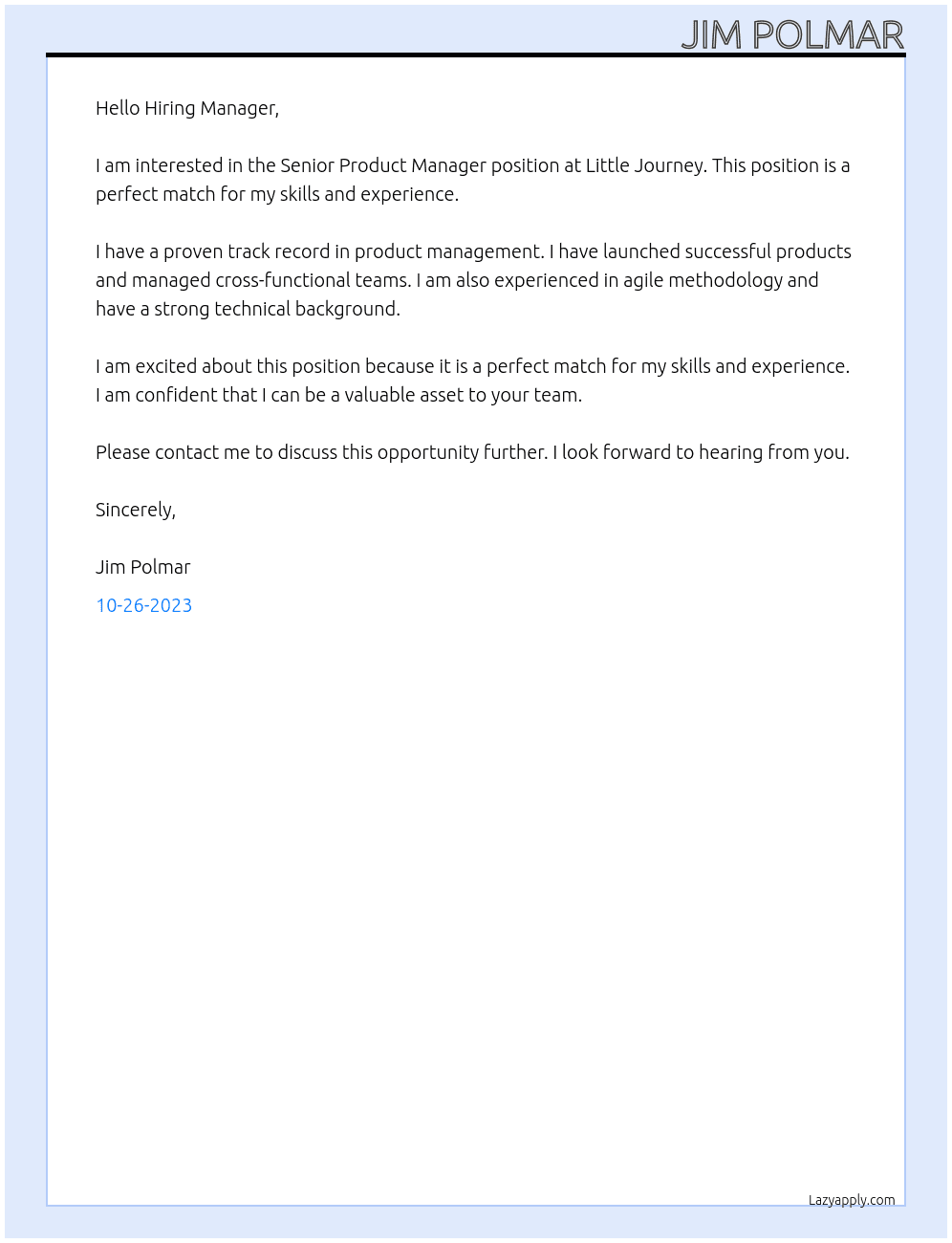 Senior Product Manager At Little Journey  Cover Letter