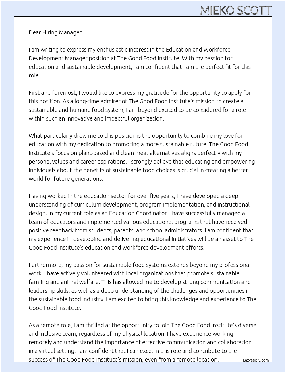 Education and Workforce Development Manager  At The Good Food Institute Cover Letter