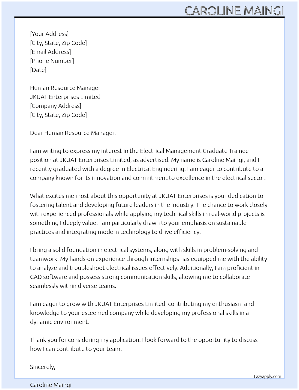 Cover letter for electrical management graduate trainee - LazyApply