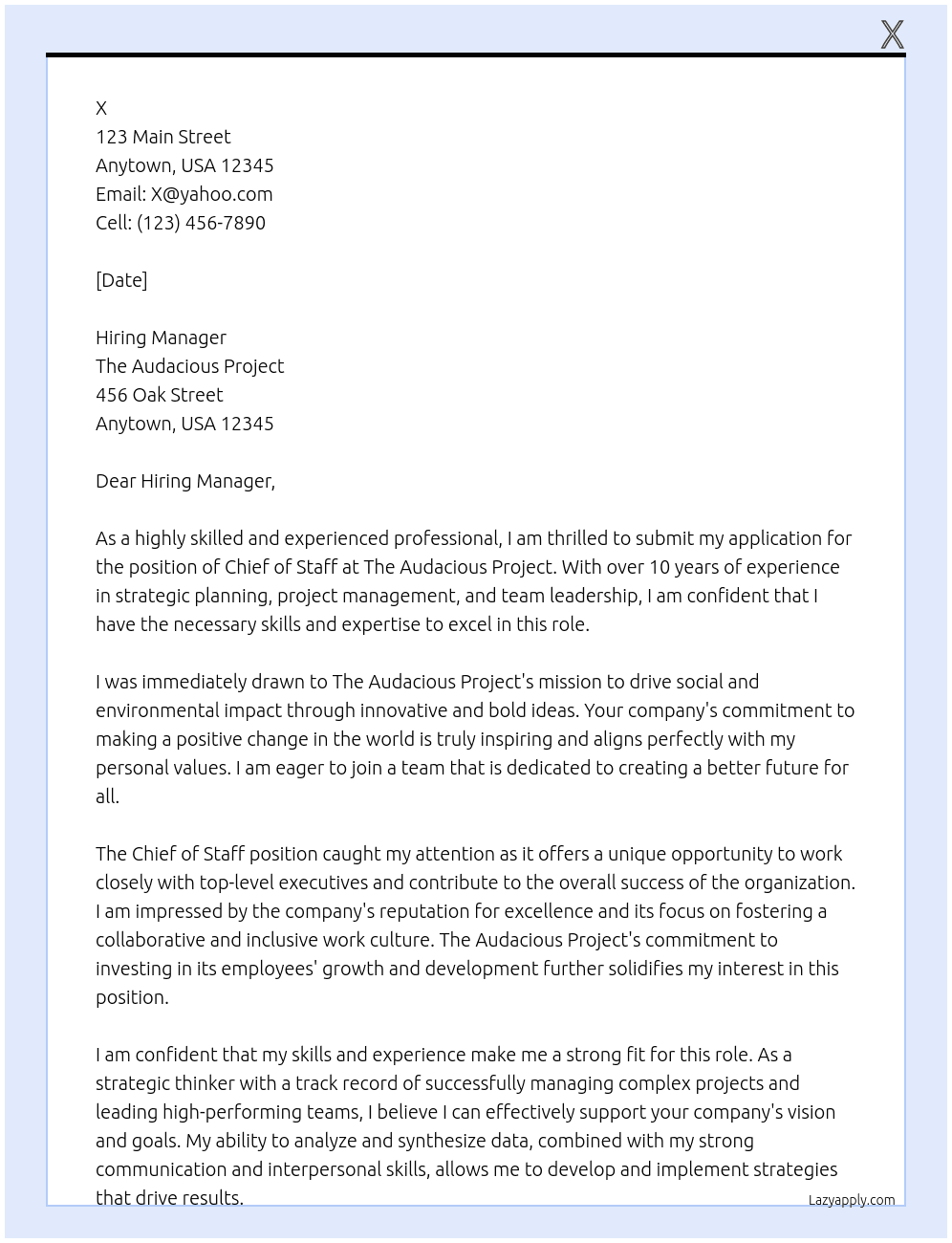 Chief of Staff At The Audacious Project Cover Letter