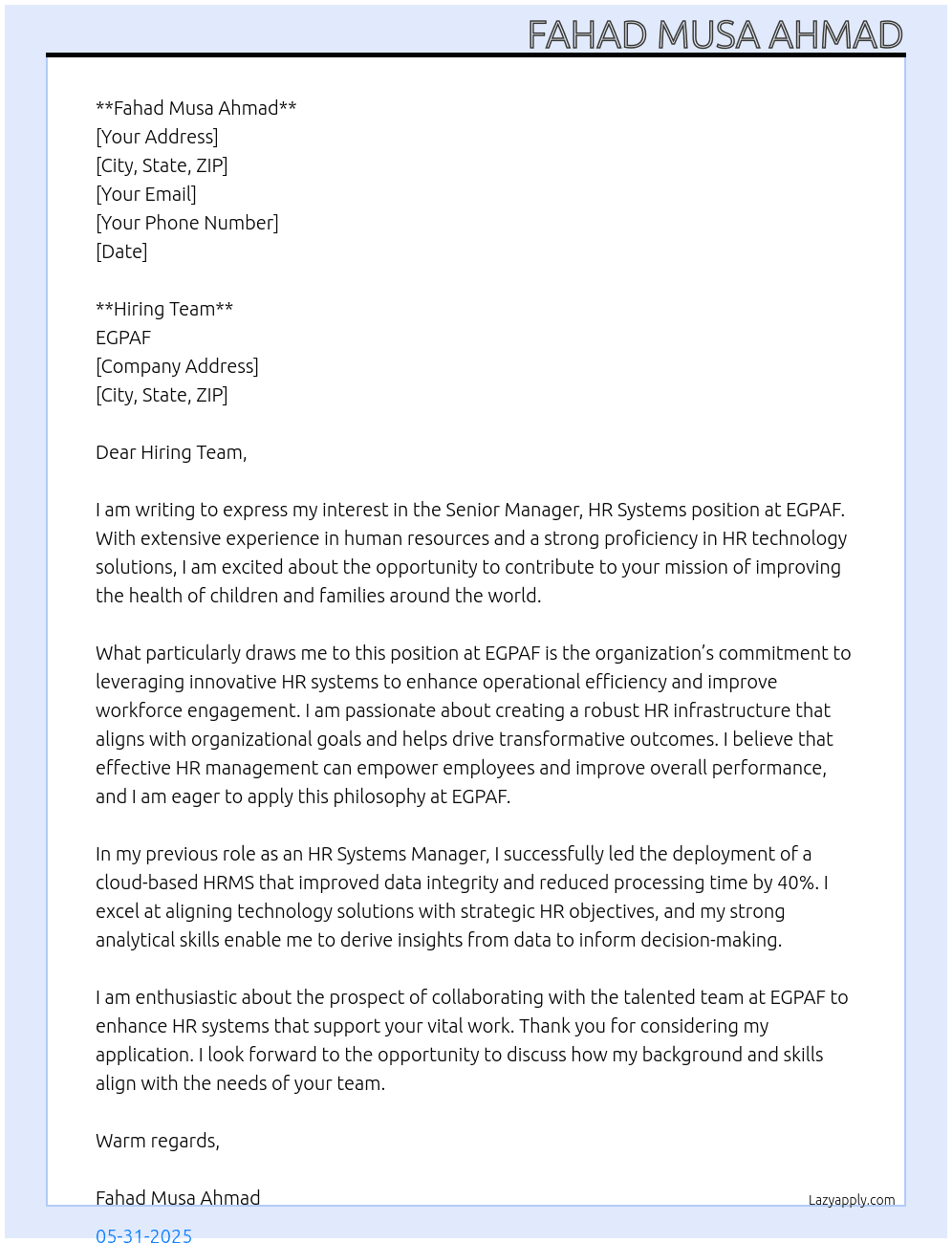 Senior Manager, HR Systems At EGPAF Cover Letter